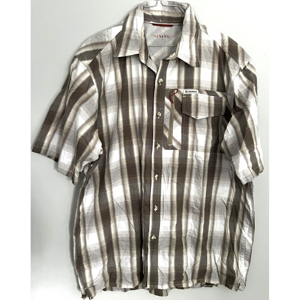 Simms Shirt Mens L Brown Plaid Short Sleeve Ventilated Button Front Fishing